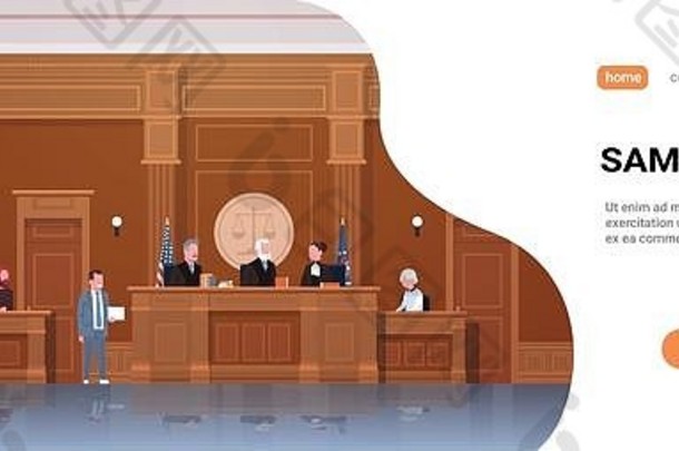 法律过程法官陪审团怀疑律师律师给演讲法院会话现代法庭室内完整的长度水平横幅复制