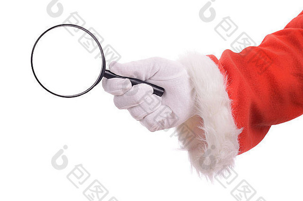 搜索圣诞节完美的礼物讨价还价圣诞老人的手持有放大玻璃孤立的白色背景