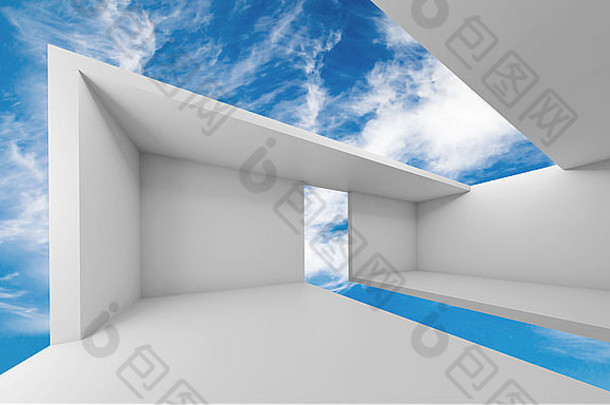 摘要体系结构空白色未来主义的室内蓝色的天空背景插图
