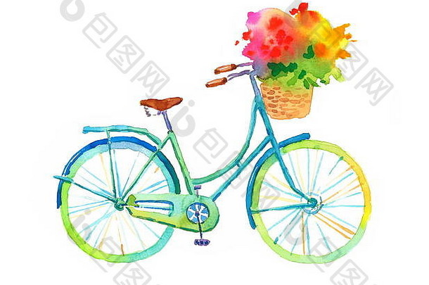 水彩蓝色的自行车美丽的花篮子手画夏天自行车插图孤立的白色背景