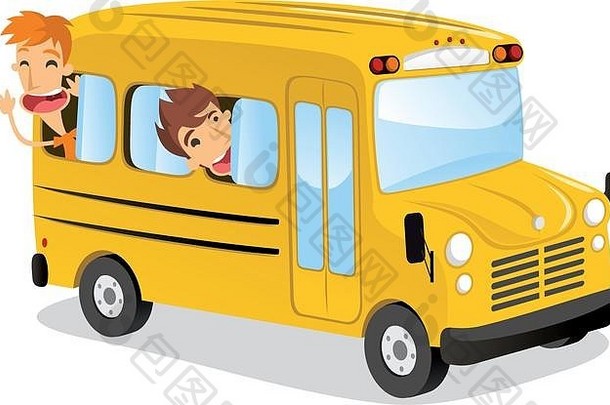 男孩玩学校公共汽车