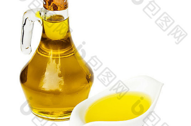 瓶橄榄石油飞碟孤立的白色背景