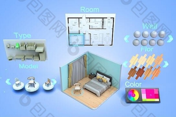 现代概念很快创建室内设计房间设计构造函数渲染蓝色的梯度