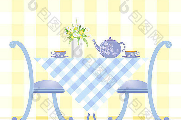 插图表格集茶杯茶壶花瓶雏菊条格平布桌布椅子
