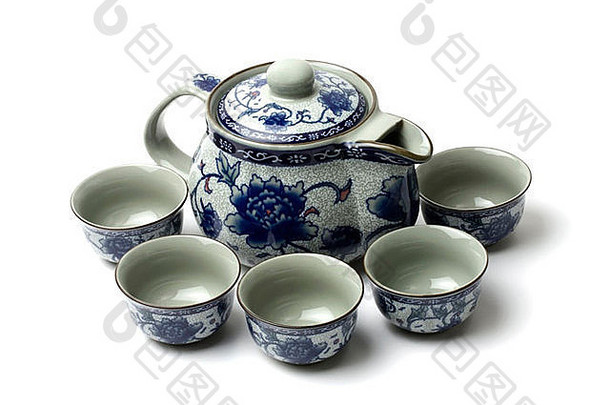 中国人茶集杯茶能孤立的白色