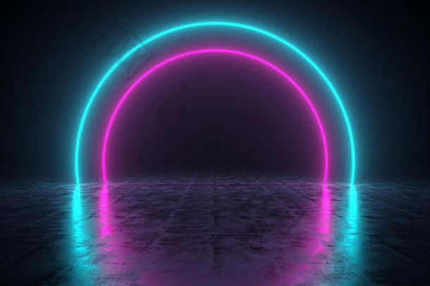 未来主义的sci发光的霓虹灯形状<strong>蓝色</strong>的紫色的彩色的黑暗房间混凝土地板上呈现插图