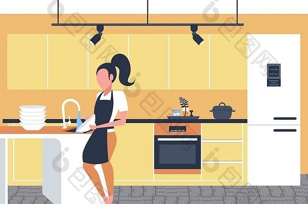 女人洗菜家庭主妇擦拭盘子洗碗概念女孩围裙做家务现代厨房室内水平平完整的长度