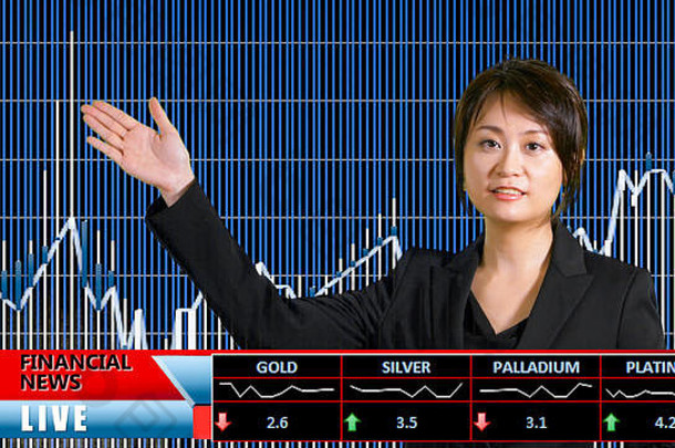 亚洲女女主播展示金融新闻工作室较低的三分之二图表