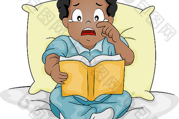 插图非裔美国人男孩脱落眼泪阅读故事书