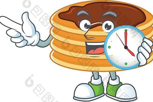 巧克力奶油煎饼吉祥物设计概念持有圆时钟