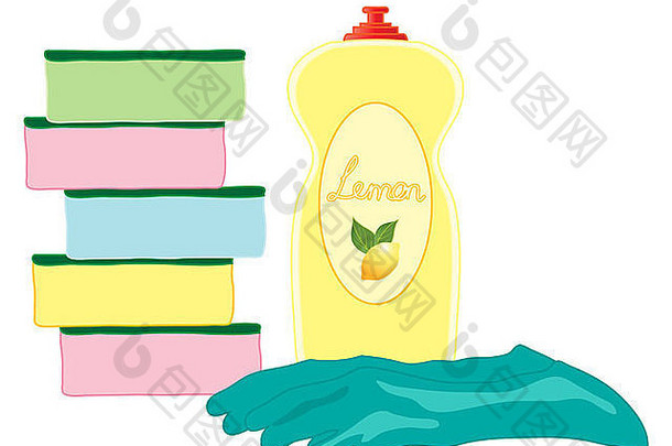 插图色彩斑斓的洗海绵瓶柠檬洗液体蓝色的橡胶手套白色背景