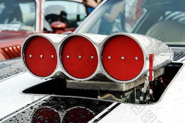 白色条纹罩<strong>涡轮</strong>增压增压器红色的德罗斯美国肌肉车