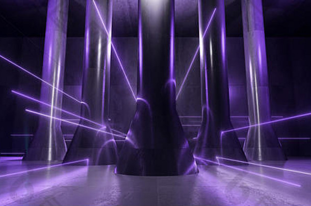 霓虹灯LGights紫色的神奇的混乱的复古的现代列难看的东西混凝土大厅房间工作室阶段未来主义的sci石头黑暗空反光激光
