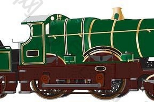 详细的插图古董绿色乘客蒸汽温柔的机车黄铜铜配件孤立的白色