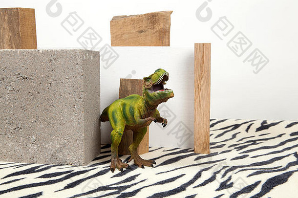 混凝土块一块木暴龙小雕像斑马有图案的地毯最小的颜色生活摄影