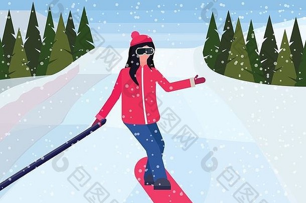 女孩滑雪滑动采取自拍照片雪山山冷杉树景观女人滑雪冬天假期概念平水平