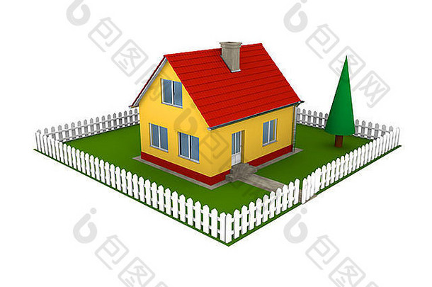 插图小家庭房子红色的屋顶绿色院子里白色栅栏