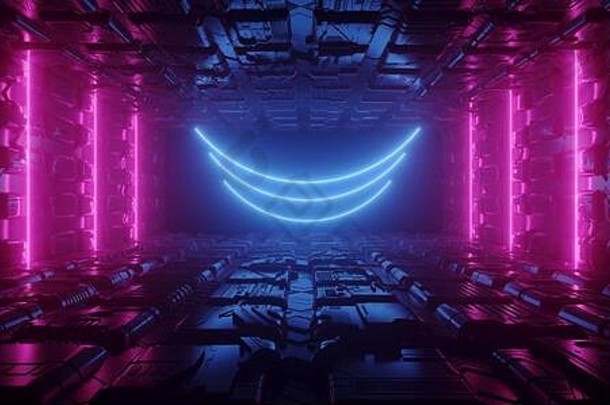 sci未来主义的电紫色的蓝色的发光的背景激光霓虹灯灯隧道走廊空间外星人船黑暗晚上反光金属车库wareho