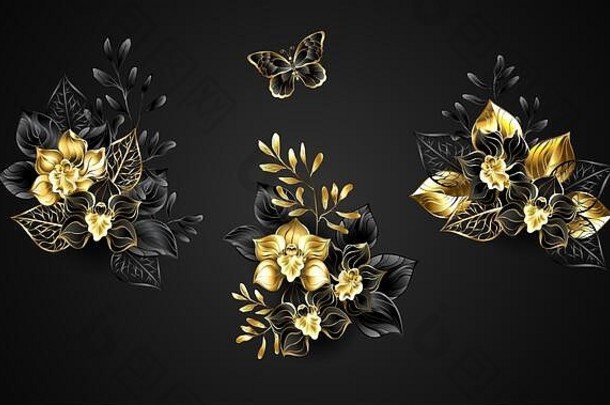 集花束黑色的黄金珠宝兰花装饰装饰树枝黑暗背景