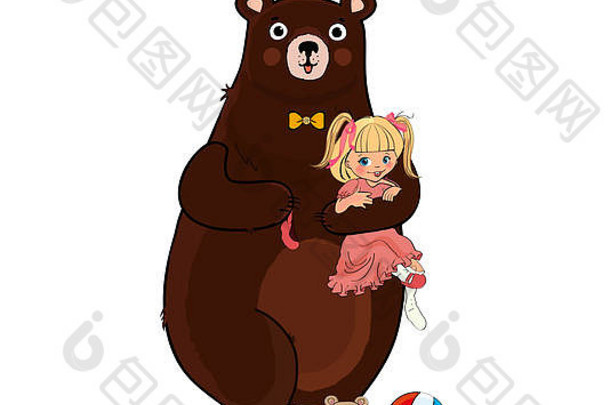 棕色（的）友好的熊穿着脖子领带豪华的拖鞋拥抱持有爪子淘气的光着脚婴儿女孩粉红色的衣服孤立的白色