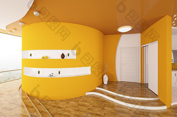 现代室内设计橙色入口大厅渲染