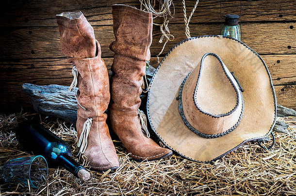 生活摄影美国西牛仔竞技表演棕色（的）感觉牛仔他传统的皮革靴子古董牧场精品背景