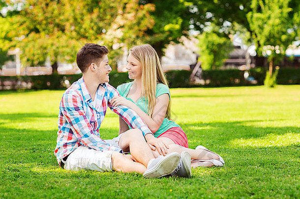 微笑夫妇坐着草公园