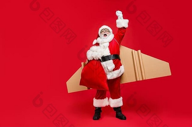 月亮回来完整的身体照片疯狂的有趣的超级圣诞老人快点给礼物涡轮增压飞机工艺翅膀穿帽他眼镜