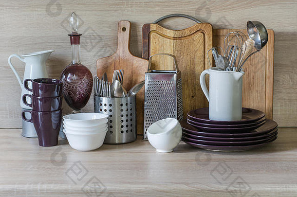 厨房生活背景设计陶器餐具的东西木桌面图像复制空间