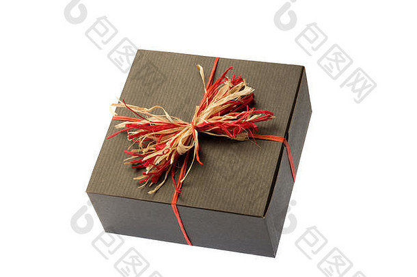 黑色的礼物盒子包装红色的如此自然拉菲亚树弓白色背景水平拍摄孤立的白色