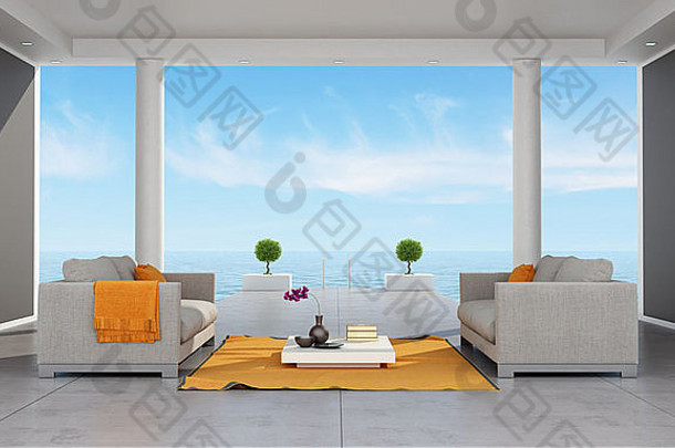 室内假期别墅海的观点现代沙发呈现