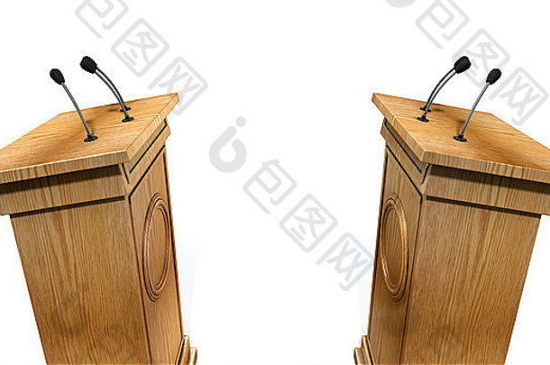 反对常规的木辩论领奖台标志着辩论孤立的白色工作室背景