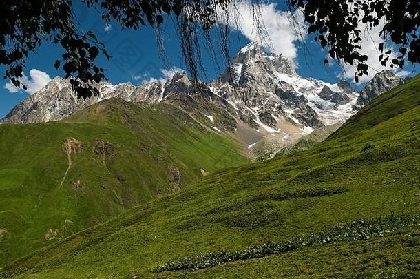 高加索地区夏天景观视图峰其中：ushba最致命的山斯瓦涅季地区乔治亚州