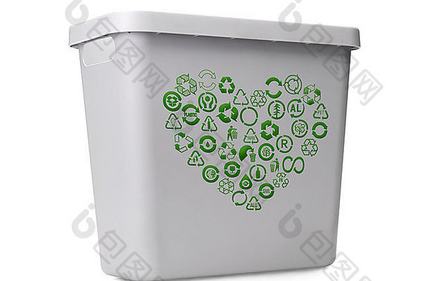 空灰色的塑料回收本绿色回收象形图安排心形状白色背景