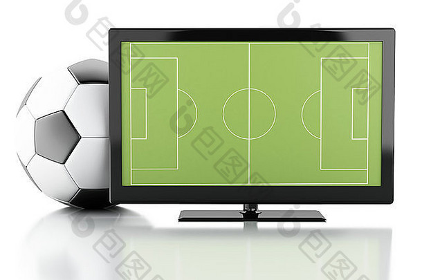 插图屏幕足球场球体育概念孤立的白色背景