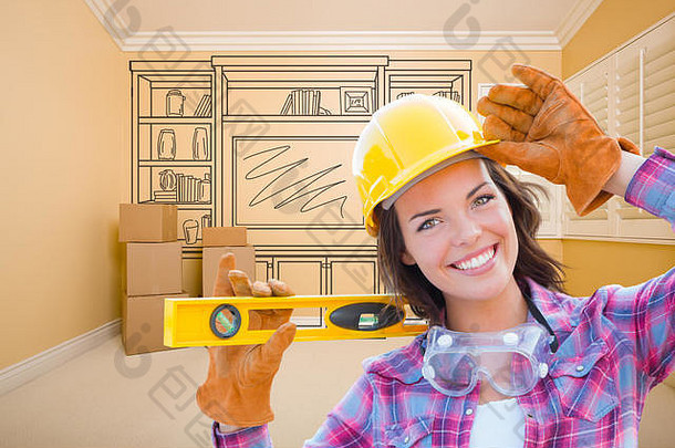 女建设工人持有水平前面自定义建娱乐单位画空房间