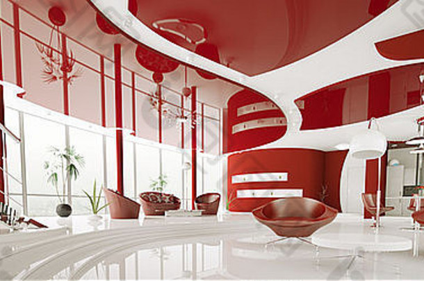 现代室内白色红色的公寓全景渲染