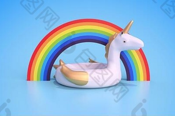 unicorn-shaped浮标前面彩虹呈现