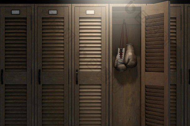 行古董木健身房储物柜开放通过揭示一对穿拳击手套挂内部渲染