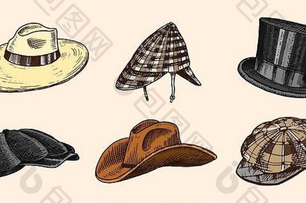 夏天古董帽子集合优雅的但女人女女士们fedora德比猎鹿帽小礼帽玩滚球的人稻草贝雷帽队长牛仔猪肉派乘船的人复古的时尚集英语风格手画