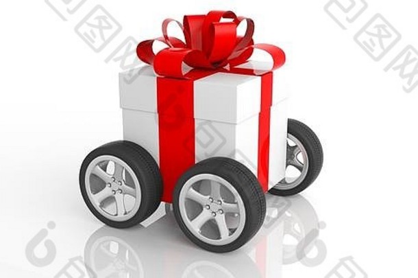 免费的航运概念礼物红色的丝带轮子孤立的白色背景插图