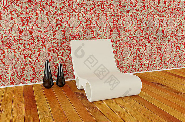 现代椅子花瓶木地板上砖墙