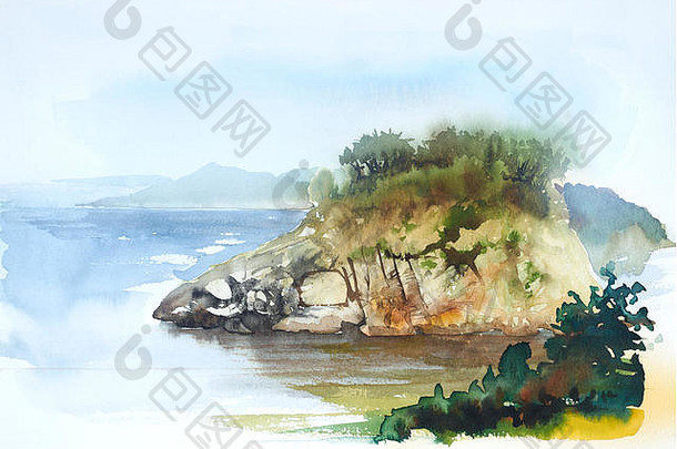 水彩绘画显示沿海景观托斯卡纳夏天时间
