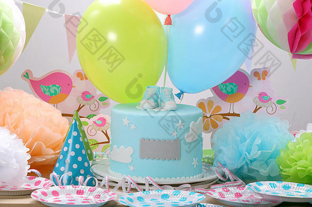 生日聚会，派对蓝色的蛋糕气球空空间文本