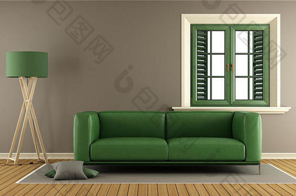 棕色（的）生活房间绿色沙发窗口呈现