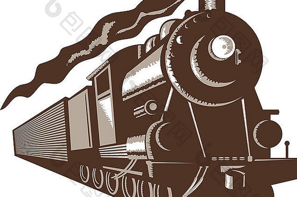 插图蒸汽火车前面视图棕色（的）白色孤立的白色背景木刻复古的风格