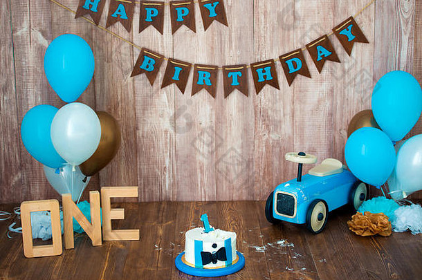 拍的粉碎smashcake男孩绅士装饰photozone木复古的车氦气球快乐生日一年