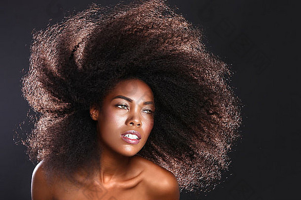 惊人的肖像非洲美国黑色的女人大头发