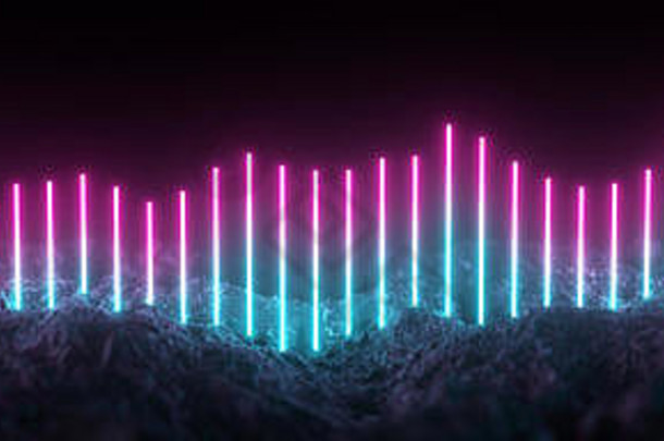 未来主义的复古的霓虹灯行光发光的岩石地面均衡器风格大横幅渲染黑色的背景粉红色的蓝色的颜色