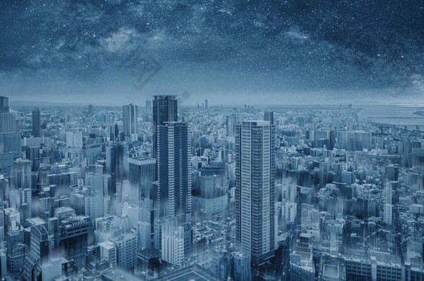 未来主义的蓝色的聪明的城市晚上布满星星的天空聪明的城市技术背景